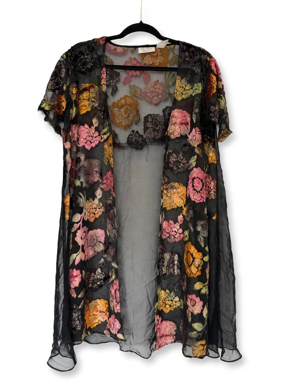 Victoria's Secret Gold Label Vintage S/M Black Sheer Floral Burnout Velvet Kimon